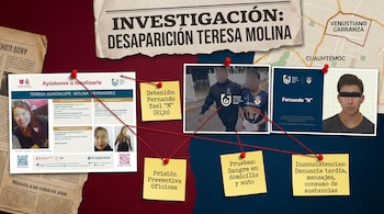 Tablero de investigación mostrando fotos de Teresa Molina y su hijo Fernando Yael "N", notas sobre el caso, mapa de CDMX y conexiones con hilos rojos.
