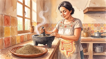Ilustración acuarela de mujer mexicana moliendo comino en molcajete. Un plato de comino en primer plano y una silueta de intestinos en su abdomen.