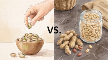 Ilustración con pistachos en un cuenco siendo tomados por una mano, y cacahuetes con y sin cáscara junto a un frasco. Un 'VS.' divide la escena.