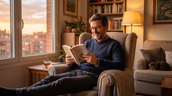 Hombre con gafas leyendo un libro en un sillón junto a una taza de té, una estantería y un gato durmiendo en el sofá.