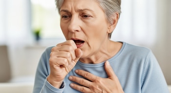 Mujer de edad avanzada con cabello gris cubre su boca con una mano mientras tose, la otra mano está sobre su pecho. Fondo borroso claro.