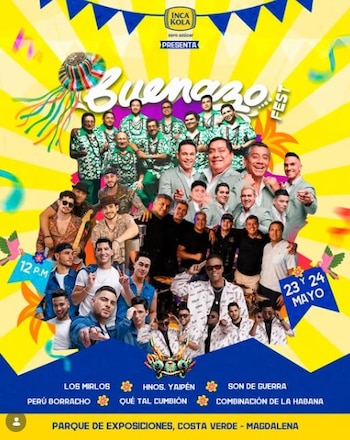 Póster del Buenazo Fest 2 con múltiples músicos sonrientes de diversos géneros musicales sobre un fondo amarillo y azul, con el logo de Inca Kola