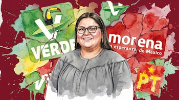 Ilustración en acuarela de una mujer sonriente con gafas y blusa gris, sobre un fondo rojo oscuro con logos de Morena, PVEM y PT rotos.