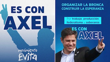 Gráfico promocional con Axel Kicillof sonriendo y haciendo un signo de victoria, junto a textos de campaña como "ES CON AXEL" y "movimiento Evita"
