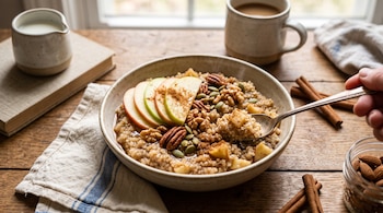 Tazón de quinoa con rodajas de manzana, canela, nueces y semillas junto a una taza, ramas de canela y una jarra de leche sobre madera.