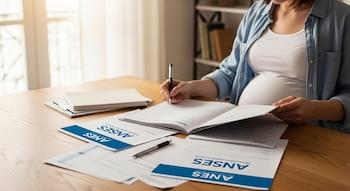 Primer plano de una mujer embarazada sentada en una mesa de madera, escribiendo en un cuaderno abierto con documentos de ANSES a su alrededor.