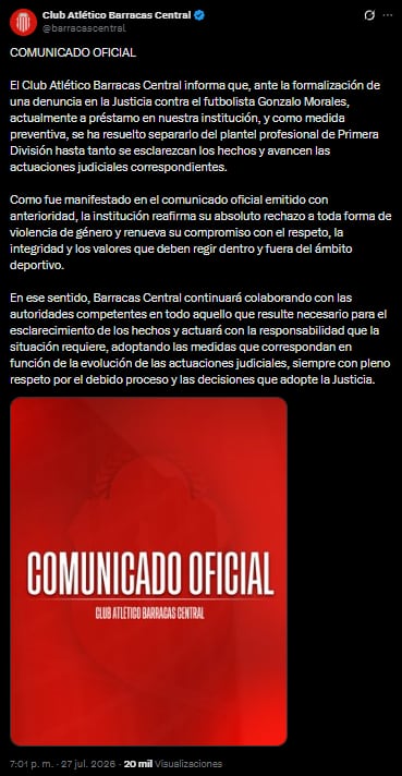El comunicado de Barracas Central sobre Gonzalo Morales