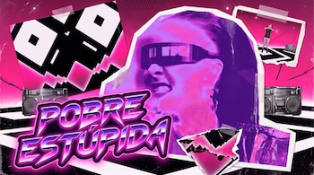 Collage de estilo retro en tonos rosa y morado con recortes de fotos, formas geométricas en negro y blanco y la frase Pobre estúpida.