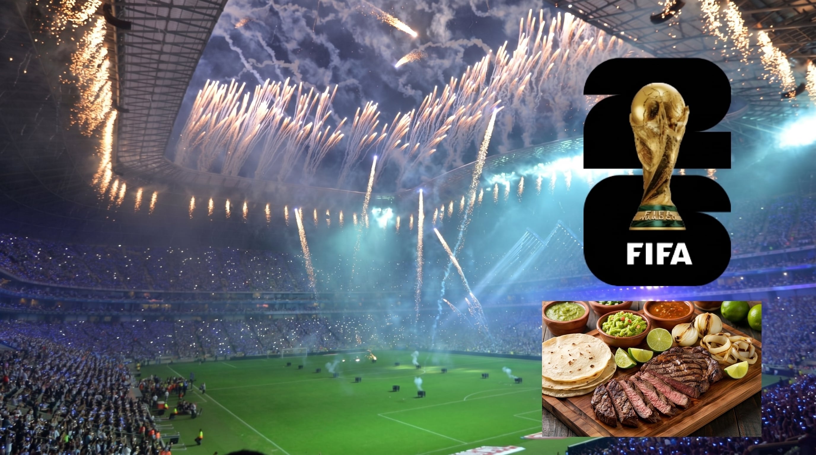 El Estadio BBVA de Monterrey se ilumina con fuegos artificiales celebrando la llegada del Mundial FIFA 2026, mientras la cultura culinaria local se prepara para deleitar a los visitantes con la tradicional carne asada. (Imagen Ilustrativa Infobae)