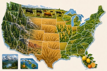 Mapa de Estados Unidos, con detalle de la producción agropecuaria que se destaca según la región