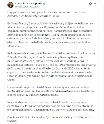 El presidente realizó una advertencia a las Autodefensas Conquistadoras de la Sierra Nevada - crédito Abelardo de la Espriella / X