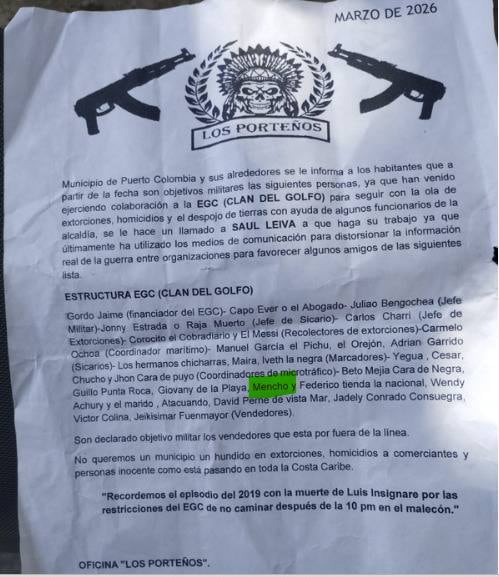 En el panfleto también figuraba el alias de Mencho, asesinado en otra zona del municipio atlanticense - crédito Soledad 24 horas/Facebook