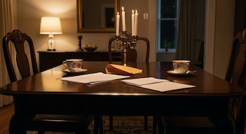 Mesa de comedor de madera oscura con dos tazas de té, platillos, cucharas, papeles blancos, un sobre marrón y un candelabro con velas encendidas.