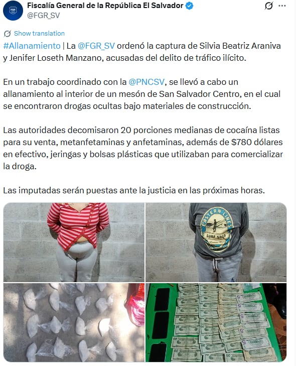Silvia Beatriz Araniva y Jenifer Loseth Manzano enfrentan cargos de tráfico ilícito y podrían recibir penas de hasta 15 años de cárcel. (Cortesía: Fiscalía General de la República El Salvador)