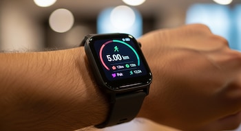 Primer plano de la muñeca de un hombre con un reloj inteligente oscuro que muestra una aplicación de running con 5.00 km completados y un icono de corredor, sobre un fondo desenfocado.