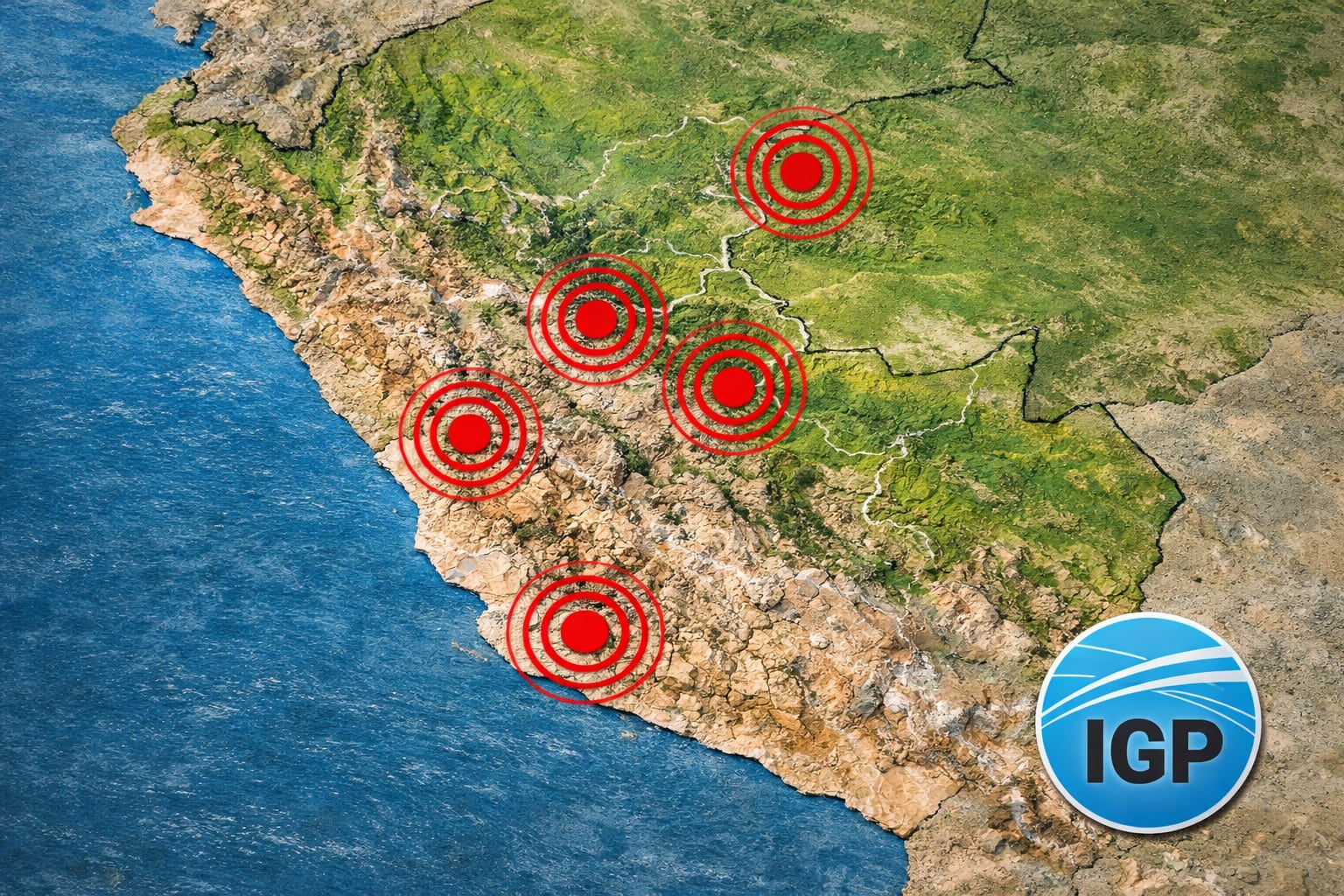 Un mapa físico de Perú muestra con círculos rojos los epicentros de sismos recientes en Lima, Arequipa, Pasco, Callao y San Martín, acompañado del logo oficial del Instituto Geofísico del Perú (IGP). (Imagen Ilustrativa Infobae)