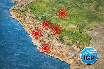 Mapa físico de Perú con seis epicentros señalados por círculos rojos concéntricos. Se observa el océano, el relieve terrestre y el logo del IGP.