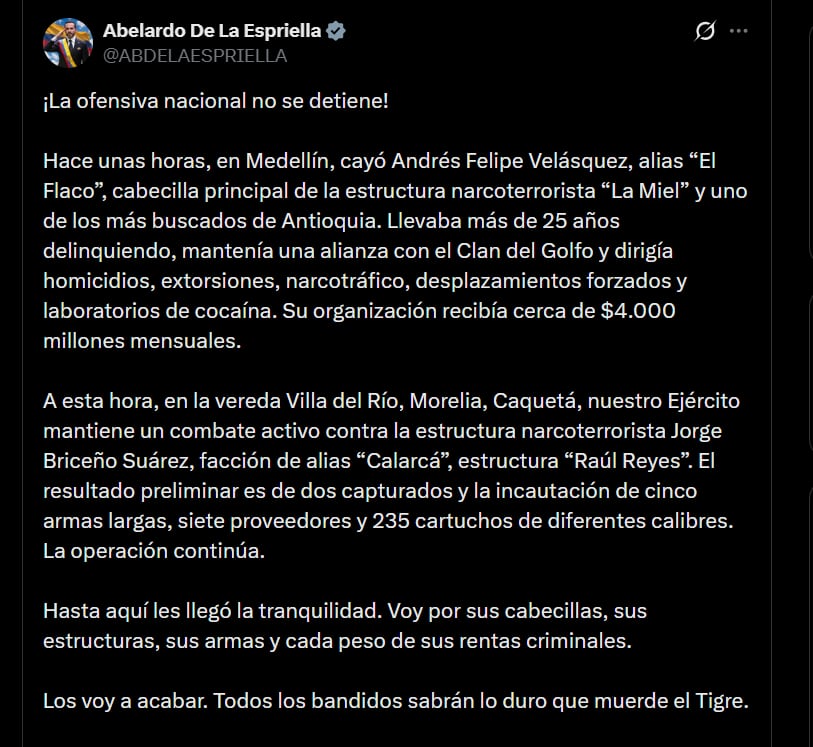 El presidente Abelardo de la Espriella señaló que perseguirá a los cabecillas de los grupos armados, sus armas y los recursos obtenidos mediante actividades criminales - crédito @ABDELAESPRIELLA/X