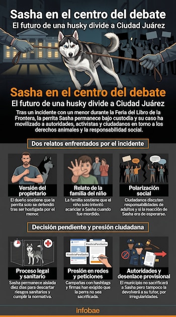 Ilustración de una husky en el centro. Dos manos la sujetan con correas, una desde un edificio y otra de una multitud que protesta. Abajo, infografía del caso Sasha.
