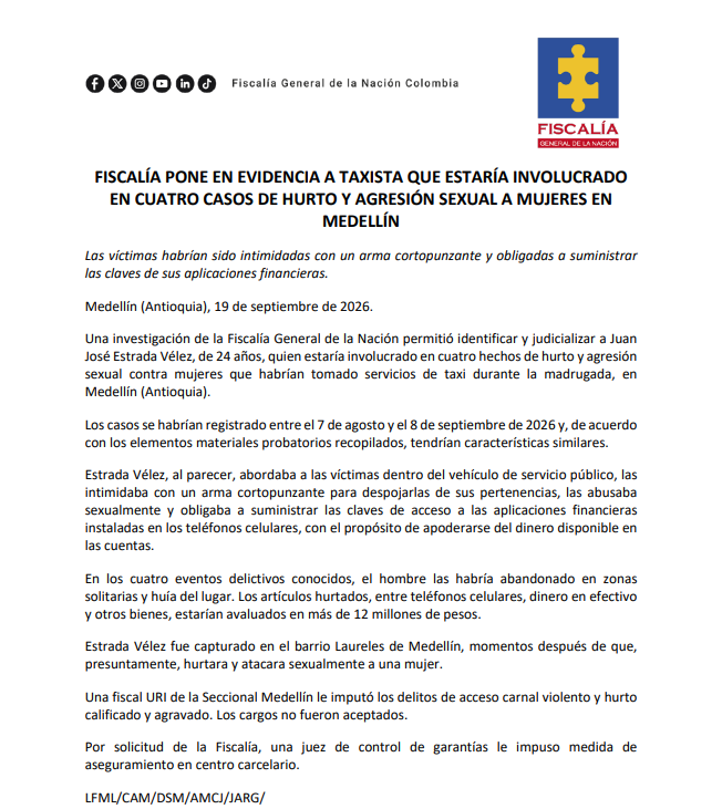 De acuerdo con la Fiscalía general de la Nación, los casos ocurrieron entre el 7 de agosto y el 8 de septiembre de 2026 - crédito Fiscalía