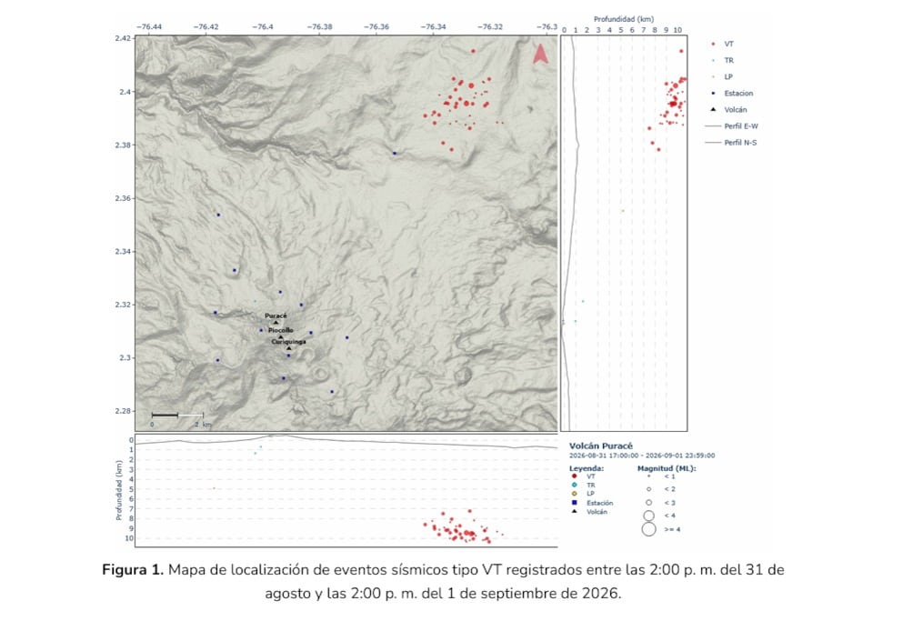 Mapa de localización de eventos sísmicos tipo VT registrados entre las 2:00 p. m. del 31 de agosto y las 2:00 p. m. del 1 de septiembre de 2026 - crédito SGC