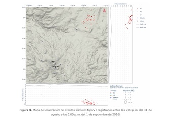 Mapa de localización de eventos sísmicos tipo VT registrados entre las 2:00 p. m. del 31 de agosto y las 2:00 p. m. del 1 de septiembre de 2026 - crédito SGC