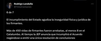 Rodrigo Londoño lanzó duras críticas contra la JEP - crédito @TimoComunes/X