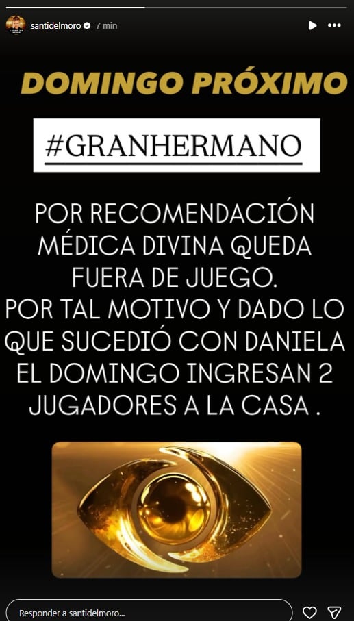Santiago del Moro anunció que Divina Gloria no volverá a Gran Hermano por recomendación médica y dos nuevos participantes ingresarán a la casa este domingo