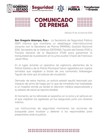 Autoridades confirmaron el despliegue con apoyo federal para detener a los responsables. Crédito: SSP Puebla