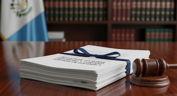 Documentos con 'Iniciativas de Ley sobre Seguridad y Justicia en Guatemala' atados con un lazo azul, un mazo de juez, y la bandera de Guatemala de fondo.