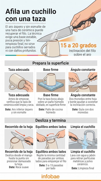 Infografía con esquemas de una mano sosteniendo un cuchillo sobre el aro inferior de una taza de cerámica invertida.