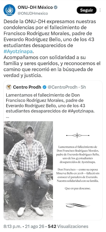 Captura de pantalla de una publicación digital con texto de la ONU-DH México y del Centro Prodh junto a una foto en blanco y negro