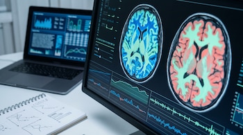 Una pantalla de resonancia magnética cerebral en primer plano muestra imágenes del cerebro con regiones en azul, verde y rojo, y gráficos de datos. Al fondo, un portátil y un cuaderno.