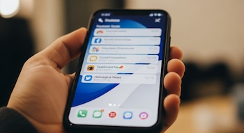 Una mano sujeta un teléfono móvil con la pantalla de bloqueo encendida. La pantalla muestra varias notificaciones de aplicaciones y una barra de iconos.