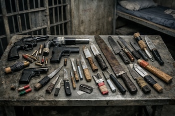 Una variedad de armas de fuego y cuchillos caseros descansan sobre una mesa de metal oxidado, con barrotes de celda y una cama al fondo.