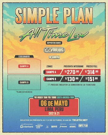 Precios de entradas para el concierto de Simple Plan en Lima.
