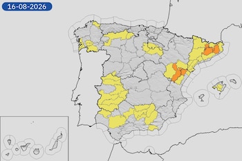 Mapa de alertas meteorológicas para este domingo, 16 de agosto de 2026. (Aemet)