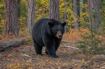 Un oso negro camina sobre hojas secas en un bosque con árboles de hojas amarillas en el fondo.