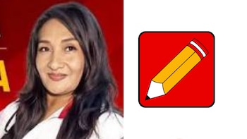 Retrato de Marissa Melo Llaullipoma junto al símbolo electoral de un lápiz sobre un recuadro rojo