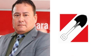 Un hombre con traje gris y corbata al lado del logotipo de Acción Popular, que muestra una pala sobre un fondo rojo y blanco