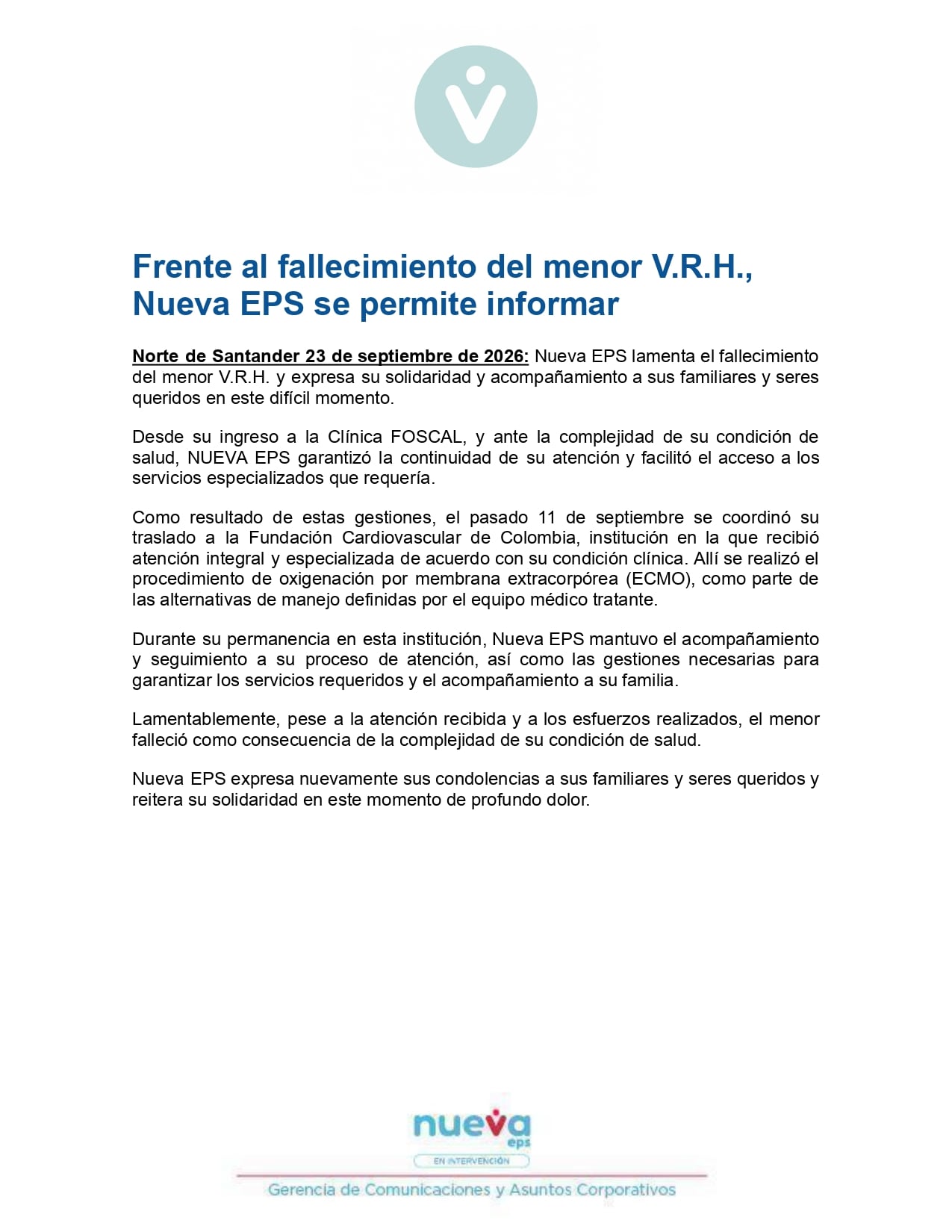 Nueva EPS informó que el 11 de septiembre coordinó el traslado del menor a la Fundación Cardiovascular de Colombia. - crédito Nueva EPS