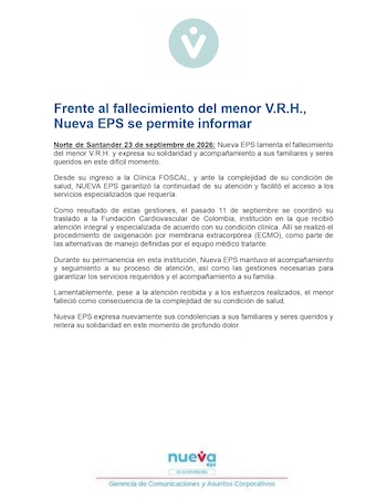 Nueva EPS informó que el 11 de septiembre coordinó el traslado del menor a la Fundación Cardiovascular de Colombia. - crédito Nueva EPS