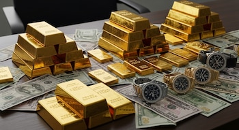 Mesa de madera con pilas de lingotes de oro, billetes de dólar estadounidenses desordenados y varios relojes de lujo con diamantes.