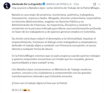 El presidente electo afirmó que la nueva ministra tendrá la misión de reducir el desempleo y la informalidad, fortalecer el emprendimiento y promover el trabajo digno en Colombia - crédito @ABDELAESPRIELLA/X