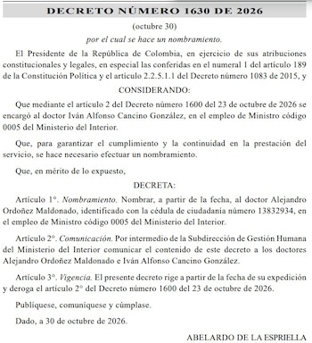Decreto 1630 de 2026, que oficializó la llegada de Alejandro Ordóñez como ministro del Interior