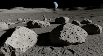 Rocas de diversos tamaños sobre la superficie lunar gris y polvorienta, una huella de bota en el suelo y el planeta Tierra asomando en el horizonte oscuro.