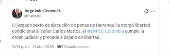 El ministro Jorge Iván Cuervo R. informó que el Inpec se encargará de garantizar la libertad condicional de Carlos Mattos - crédito @cuervoji/X