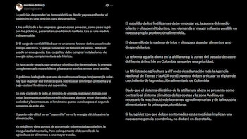 El presidente cuestionó la activación de termoeléctricas ante un posible “superniño” y planteó usar el cargo por confiabilidad para impulsar energía solar y medidas en el sector agroalimentario - crédito Gustavo Petro/X