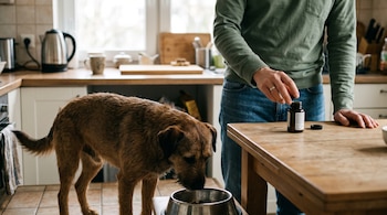 Un perro marrón junto a un plato de metal y una persona abriendo un frasco oscuro sobre una mesa de madera en una cocina.