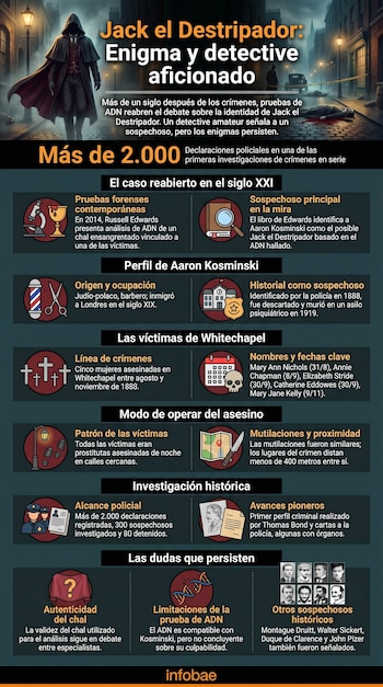 Infografía vertical con fondo oscuro sobre Jack el Destripador, mostrando un detective con gabardina en una calle londinense y varias secciones de texto con íconos y líneas de tiempo en rojo y blanco.